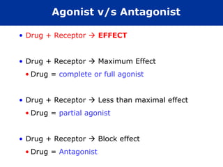Agonist v/s Antagonist
• Drug + Receptor  EFFECT
• Drug + Receptor  Maximum Effect
• Drug = complete or full agonist
• Drug + Receptor  Less than maximal effect
• Drug = partial agonist
• Drug + Receptor  Block effect
• Drug = Antagonist
 
