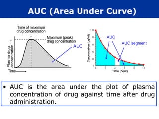 AUC (Area Under Curve)



                     AUC




• AUC is the area under the plot of plasma
  concentration of drug against time after drug
  administration.
 