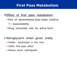 First Pass Metabolism

Effect of first pass metabolism
 Part of administered dose made inactive
  ↓ bioavailability
 Drug converted into its active form



• Nitroglycerin when given orally
 • Totally   inactivated in the liver
 • 100% first pass effect
 • Always given sublingually
 