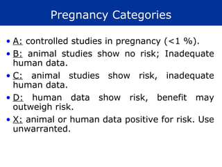 Pregnancy Categories

• A: controlled studies in pregnancy (<1 %).
• B: animal studies show no risk; Inadequate
  human data.
• C: animal studies show risk, inadequate
  human data.
• D: human data show risk, benefit may
  outweigh risk.
• X: animal or human data positive for risk. Use
  unwarranted.
 