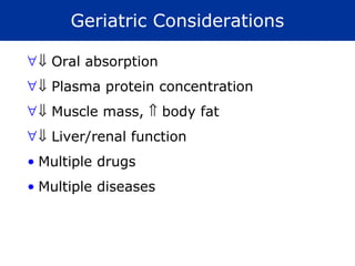 Geriatric Considerations

∀ ⇓ Oral absorption
∀ ⇓ Plasma protein concentration
∀ ⇓ Muscle mass, ⇑ body fat
∀ ⇓ Liver/renal function
• Multiple drugs
• Multiple diseases
 
