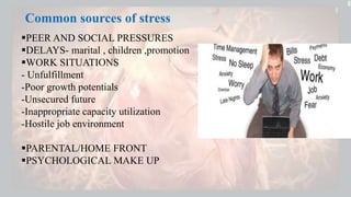 Common sources of stress
PEER AND SOCIAL PRESSURES
DELAYS- marital , children ,promotion
WORK SITUATIONS
- Unfulfillment
-Poor growth potentials
-Unsecured future
-Inappropriate capacity utilization
-Hostile job environment
PARENTAL/HOME FRONT
PSYCHOLOGICAL MAKE UP
 