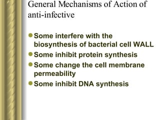 General Mechanisms of Action of anti-infective Some interfere with the biosynthesis of bacterial cell WALL Some inhibit protein synthesis  Some change the cell membrane permeability Some inhibit DNA synthesis 