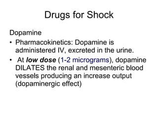 Drugs for Shock <ul><li>Dopamine </li></ul><ul><li>Pharmacokinetics: Dopamine is administered IV, excreted in the urine.  ...