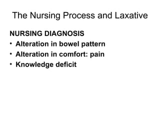 The Nursing Process and Laxative NURSING DIAGNOSIS Alteration in bowel pattern Alteration in comfort: pain Knowledge deficit 