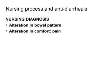 Nursing process and anti-diarrheals NURSING DIAGNOSIS Alteration in bowel pattern Alteration in comfort: pain 