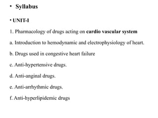 Pharmacology-II Unit-I. Pharmacology of Drugs Acting on Cardio Vascular ...