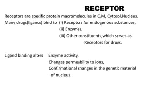 RECEPTOR
Receptors are specific protein macromolecules in C.M, Cytosol,Nucleus.
Many drugs(ligands) bind to (i) Receptors for endogenous substances,
(ii) Enzymes,
(iii) Other constituents,which serves as
Receptors for drugs.
Ligand binding alters Enzyme activity,
Changes permeability to ions,
Confirmational changes in the genetic material
of nucleus..
 