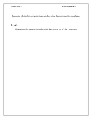 Pharmacology -1 B.Pharm Semester IV
Remove the effects of physostigmine by repeatedly washing the membrane of the oesophagus.
Result:
Physostigmine increases the rate and atropine decreases the rate of ciliary movements.
 