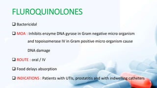 FLUROQUINOLONES
 Bactericidal
 MOA : Inhibits enzyme DNA gyrase in Gram negative micro organism
and topoisomerase IV in Gram positive micro organism cause
DNA damage
 ROUTE : oral / IV
 Food delays absorption
 INDICATIONS : Patients with UTIs, prostatitis and with indwelling catheters
 