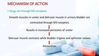MECHANISM OF ACTION
• Drugs act through M3 receptors
Smooth muscles in ureter and detrusor muscle in urinary bladder are
contracted through M3 receptors
Results in increased peristalsis of ureter
Detrusor muscle contracts while bladder trigone and sphincter relaxes
Micturition
 