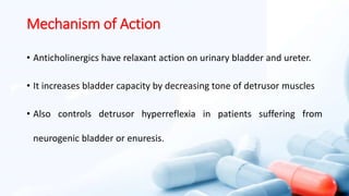 Mechanism of Action
• Anticholinergics have relaxant action on urinary bladder and ureter.
• It increases bladder capacity by decreasing tone of detrusor muscles
• Also controls detrusor hyperreflexia in patients suffering from
neurogenic bladder or enuresis.
 