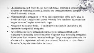 1. Chemical antagonist-where two or more substances combine in solution ,hence
the effect of both drugs is lost e.g. antacid and tetracycline form a complex
which is excreted in feces.
2. Pharmacokinetics antagonist –is where the concentration of the active drug at
the site of action is reduced this occurs remotely from the site of action and can
happen at any of the pharmacokinetic stages.
3. Antagonist by receptor block.—it involves two mechanism ; Reversible and
Irreversible competitive antagonist.
• Reversible competitive antagonist-pharmacologic antagonist that can be
overcome by increasing the concentration of agonist thus increasing antagonist
dissociation from receptors .because binding of drugs to receptors obeys the law
of mass action. Agonist occupies the proportion of the vacant receptors hence
the rate of antagonist dissociation increases.
 