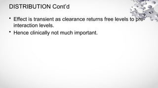 DISTRIBUTION Cont’d
• Effect is transient as clearance returns free levels to pre-
interaction levels.
• Hence clinically not much important.
 
