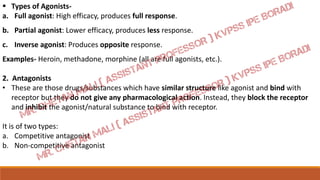  Types of Agonists-
a. Full agonist: High efficacy, produces full response.
b. Partial agonist: Lower efficacy, produces less response.
c. Inverse agonist: Produces opposite response.
Examples- Heroin, methadone, morphine (all are full agonists, etc.).
2. Antagonists
• These are those drugs/substances which have similar structure like agonist and bind with
receptor but they do not give any pharmacological action. Instead, they block the receptor
and inhibit the agonist/natural substance to bind with receptor.
It is of two types:
a. Competitive antagonist
b. Non-competitive antagonist
 