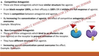 a. Competitive Antagonist:
• These are those antagonists which have similar structure like agonist.
• It can block receptor 100%, so their efficacy is 100% OR it inhibits the full response of agonist.
• There is competition between antagonist and agonist.
• By increasing the concentration of agonist, the effect of competitive antagonist can be
overcome.
Example: Morphine.
b. Non-Competitive Antagonist:
• These are those antagonists which bind to an allosteric site
(non-agonist) on the receptor to prevent activation of the receptor.
• They have different structure than agonist.
• Increasing agonist concentration cannot overcome the effect.
Example: Diazepam
 