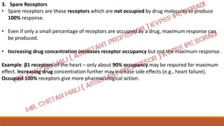 3. Spare Receptors
• Spare receptors are those receptors which are not occupied by drug molecules to produce
100% response.
• Even if only a small percentage of receptors are occupied by a drug, maximum response can
be produced.
• Increasing drug concentration increases receptor occupancy but not the maximum response.
Example: β1 receptors of the heart – only about 90% occupancy may be required for maximum
effect. Increasing drug concentration further may increase side effects (e.g., heart failure).
Occupied 100% receptors give more pharmacological action.
 