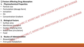  Factors Affecting Drug Absorption
1. Physicochemical Properties
• Particle size
• Formulation (dosage form)
• Ionization
• PH
• Concentration Gradient
2. Biological Factors
• Surface area
• Membrane transport
• Gastric emptying time
• Blood flow (circulation)
• Food
3. Routes of Administration
• Bioavailability
• First-pass metabolism
 