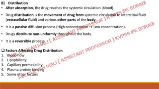 B) Distribution
• After absorption, the drug reaches the systemic circulation (blood).
• Drug distribution is the movement of drug from systemic circulation to interstitial fluid
(extracellular fluid) and various other parts of the body.
• It is a passive diffusion process (High concentration → Low concentration).
• Drugs distribute non-uniformly throughout the body.
• It is a reversible process.
 Factors Affecting Drug Distribution
1. Blood flow
2. Lipophilicity
3. Capillary permeability
4. Plasma protein binding
5. Some other factors
 