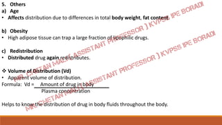 5. Others
a) Age
• Affects distribution due to differences in total body weight, fat content.
b) Obesity
• High adipose tissue can trap a large fraction of lipophilic drugs.
c) Redistribution
• Distributed drug again redistributes.
 Volume of Distribution (Vd)
• Apparent volume of distribution.
Formula: Vd = Amount of drug in body
Plasma concentration
Helps to know the distribution of drug in body fluids throughout the body.
 