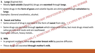 3. Lungs (Expired Air)
• Mostly lipid-soluble (lipophilic) drugs are excreted through lungs.
• Some drugs in the form of gases and volatile liquids are eliminated through exhalation by
lungs.
Examples: General anesthetics, alcohol.
4. Sweat and Saliva
• Some amount of drug is excreted in the form of sweat from skin.
• Some drugs are excreted through sputum which mixes with saliva, but most drugs mixed with
saliva go into oral route and are swallowed.
Examples: Lithium, heavy metals..
5. Milk
• In pregnant mothers, some drugs enter breast milk by passive diffusion.
• These drugs are excreted through mother’s milk.
 