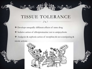 TISSUE TOLERANCE
 Develops unequally: different effects of same drug
 Sedative action of chlorpromazine: not to antipsychotic
 Analgesic & euphoric action of morphine & not constipating &

miotic actions

 