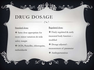 DRUG DOSAGE
Standard dose:

Regulated dose:

 Same dose appropriate for

 Finely regulated & easily

most: minor variations & wide

measured body function –

safety margin

modified

 OCPs, Penicillin, chloroquine,
mebendazole

 Dosage adjusted :
measurement of parameter
 Antihypertensives

 