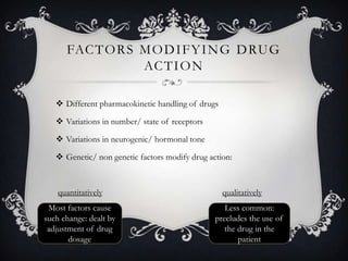 FAC T O R S M O D I F Y I N G D RU G
AC T I O N
 Different pharmacokinetic handling of drugs
 Variations in number/ state of receptors
 Variations in neurogenic/ hormonal tone

 Genetic/ non genetic factors modify drug action:

quantitatively

Most factors cause
such change: dealt by
adjustment of drug
dosage

qualitatively

Less common:
precludes the use of
the drug in the
patient

 