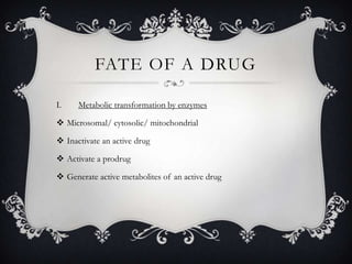 FATE OF A DRUG
I.

Metabolic transformation by enzymes

 Microsomal/ cytosolic/ mitochondrial
 Inactivate an active drug

 Activate a prodrug
 Generate active metabolites of an active drug

 