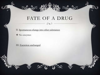 FATE OF A DRUG
II. Spontaneous change into other substances
 No enzymes

III. Excretion unchanged

 