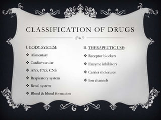 CLASSIFICATION OF DRUGS
I. BODY SYSTEM:

II. THERAPEUTIC USE:

 Alimentary

 Receptor blockers

 Cardiovascular

 Enzyme inhibitors

 ANS, PNS, CNS

 Carrier molecules

 Respiratory system
 Renal system
 Blood & blood formation

 Ion channels

 