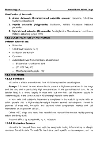 Pharmacology - II 12.2 Autocoids and Related Drugs
Classification of Autacoids:
1. Amine Autacoids (Decarboxylated autacoids amines): Hiatamine, 5-hydroxy
tryptamine (Serotonin).
2. Peptide autacoids (Polypeptide): Bradykinin, Kallidin, Vasoactive intestinal
pepetides.
3. Lipid derived autacoids (Eicosonoids): Prostaglandins, Thromboxane, Leucotrines,
Platelets activating factors (PAF).
12.2 CLASSIFICATION OF AUTACOIDS
Different autacoids are:
• Histamine
• 5 Hydroxytryptamine (5HT)
• Bradykinin and Kallidin
• Cytokines
• Autacoids derived from membrane phospholipid
o Eicosanoids – arachidonic acid
o (PG, PGI, TXA2, LT)
o Modified phospholipids – PAF
12.3 HISTAMINE
12.3.1 Synthesis
Histamine is a basic amine formed from histidine by histidine decarboxylase.
Storage: It is found in most tissues but is present in high concentrations in the lungs
and the skin, and in particularly high concentrations in the gastrointestinal tract. At the
cellular level, it is found largely in mast cells but non-mast cell histamine occurs in
'histaminocytes' in the stomach and in histaminergic neurons in the brain.
In mast cells and basophils, histamine is complexed in intracellular granules with an
acidic protein and a high-molecular-weight heparin termed macroheparin. Stored in
granules of mast cells, basophils and secreted when complement interact with cell
membranes or antigen with cell IgE .
Others – GIT, lungs, skin, heart, liver, neural tissue, reproductive mucosa, rapidly growing
tissues and body fluids.
Produces effects by acting on H1, H2, H3 receptors.
12.3.2 Histamine Release
Histamine is released from mast cells by exocytosis during inflammatory or allergic
reactions. Stimuli include C3a and C5a that interact with specific surface receptors, and the
 