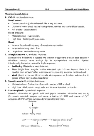 Pharmacology - II 12.5 Autocoids and Related Drugs
Pharmacological Action:
1. CVS: H1 mediated response
Blood vessels:
• Contraction of major blood vessels like artery and veins.
• Dilation of minor blood vessels like capillaries, venules and cranial blood vessels.
• Net effects – vasodilatation.
Blood pressure:
• Moderate dose - Hypotension.
• High dose - Prolonged hypotension.
Heart:
• Increase forced and frequency of ventricular contraction.
• Increased coronary blood flow.
• Large dose - Ventricular arrhythmias.
2. Allergic Reaction: H1 mediated response.
Itching occurs if histamine is injected into the skin or applied to a blister base, because it
stimulates sensory nerve endings by an H1-dependent mechanism. Injected
intradermally, histamine causes the 'triple response':
• Reddening /Flush (local vasodilatation),
• Flare (bright flare, irregular outline extended upto 1-5 mm beyond flush, it is
develop from an 'axon' reflex in sensory nerves releasing a peptide mediator) and
• Weal (direct action on blood vessels, developments of localized edema due to
escape of fluid from localized capillaries )
3. Smooth muscle: H1 mediated response.
• Moderate dose - Contraction of smooth muscles of GIT urethral.
• High dose - Abdominal cramps, colic and increase intestinal contraction.
4. Exocrine glands: H2 mediated response.
Powerful stimulation of gastric acid and pepsin secretion. Histamine acts on H2
(Gs protein coupled) receptor and cause activation of cAMP and release of Ca2+
.
Activation of H/K+
ATPase pumps and increases HCl secretion.
Histamine
H2 receptor
Activate - Adenyl cylase
ATP CAMP
Inecreased Decrease release of Ca
2+
Increased HCl secretion Activation of H/K ATPase
+
 