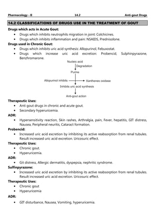 Pharmacology - II 14.2 Anti-gout Drugs
14.2 CLASSIFICATIONS OF DRUGS USE IN THE TREATMENT OF GOUT
Drugs which acts in Acute Gout:
• Drugs which inhibits neutrophils migration in joint: Colchicines.
• Drugs which inhibits inflammation and pain: NSAIDS, Prednisolone.
Drugs used in Chronic Gout:
• Drugs which inhibits uric acid synthesis: Allopurinol, Febuxostat.
• Drugs which increase uric acid excretion: Probencid, Sulphinpyrazone,
Benzhromarone.
Nucleic acid
Degradation
Purine
Allopurinol inhibits Xanthenes oxidase
Inhibits uric acid synthesis
Anti-gout action
Therapeutic Uses:
• Anti gout drugs in chronic and acute gout.
• Secondary hyperuricemia.
ADR:
• Hypersensitivity reaction, Skin rashes, Arthralgia, pain, Fever, hepatitis, GIT distress,
Nausea, Peripheral neuritis, Cataract formation.
Probencid:
• Increased uric acid excretion by inhibiting its active reabsorption from renal tubules.
Result increased uric acid excretion. Uricosuric effect.
Therapeutic Uses:
• Chronic gout.
• Hyperuricemia.
ADR:
• Git distress, Allergic dermatitis, dyspepsia, nephritic syndrome.
Sulfinpyrazone:
• Increased uric acid excretion by inhibiting its active reabsorption from renal tubules.
Result increased uric acid excretion. Uricosuric effect.
Therapeutic Uses:
• Chronic gout
• Hyperuricemia
ADR:
• GIT disturbance, Nausea, Vomiting, hyperuricemia.
 