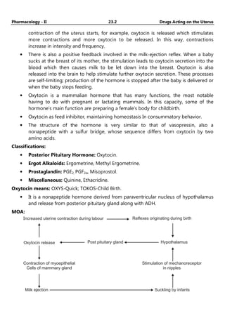 Pharmacology - II 23.2 Drugs Acting on the Uterus
contraction of the uterus starts, for example, oxytocin is released which stimulates
more contractions and more oxytocin to be released. In this way, contractions
increase in intensity and frequency.
• There is also a positive feedback involved in the milk-ejection reflex. When a baby
sucks at the breast of its mother, the stimulation leads to oxytocin secretion into the
blood which then causes milk to be let down into the breast. Oxytocin is also
released into the brain to help stimulate further oxytocin secretion. These processes
are self-limiting; production of the hormone is stopped after the baby is delivered or
when the baby stops feeding.
• Oxytocin is a mammalian hormone that has many functions, the most notable
having to do with pregnant or lactating mammals. In this capacity, some of the
hormone’s main function are preparing a female’s body for childbirth.
• Oxytocin as feed inhibitor, maintaining homeostasis In consummatory behavior.
• The structure of the hormone is very similar to that of vasopressin, also a
nonapeptide with a sulfur bridge, whose sequence differs from oxytocin by two
amino acids.
Classifications:
• Posterior Pituitary Hormone: Oxytocin.
• Ergot Alkaloids: Ergometrine, Methyl Ergometrine.
• Prostaglandin: PGE2, PGF2α, Misoprostol.
• Miscellaneous: Quinine, Ethacridine.
Oxytocin means: OXYS-Quick; TOKOS-Child Birth.
• It is a nonapeptide hormone derived from paraventricular nucleus of hypothalamus
and release from posterior pituitary gland along with ADH.
MOA:
Increased uterine contraction during labour Relfexes originating during birth
Oxytocin release Post pituitary gland Hypothalamus
Contraction of myoepithelial
Cells of mammary gland
Stimulation of mechanoreceptor
in nipples
Milk ejection Suckling by infants
 