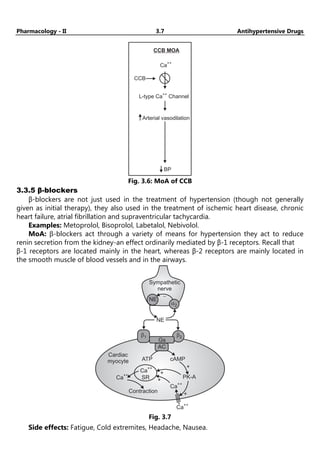 Pharmacology - II 3.7 Antihypertensive Drugs
CCB MOA
CCB
Ca
++
L-type Ca Channel
++
Arterial vasodilation
BP
Fig. 3.6: MoA of CCB
3.3.5 β-blockers
β-blockers are not just used in the treatment of hypertension (though not generally
given as initial therapy), they also used in the treatment of ischemic heart disease, chronic
heart failure, atrial fibrillation and supraventricular tachycardia.
Examples: Metoprolol, Bisoprolol, Labetalol, Nebivolol.
MoA: β-blockers act through a variety of means for hypertension they act to reduce
renin secretion from the kidney-an effect ordinarily mediated by β-1 receptors. Recall that
β-1 receptors are located mainly in the heart, whereas β-2 receptors are mainly located in
the smooth muscle of blood vessels and in the airways.
Sympathetic
nerve
NE
ATP cAMP
PK-A
Cardiac
myocyte
Ca
++
Ca
++
Ca
++
Ca
++
Contraction
+
+
+
+
SR
-
NE
a2
b2
b1
Gs
AC
Fig. 3.7
Side effects: Fatigue, Cold extremites, Headache, Nausea.
 