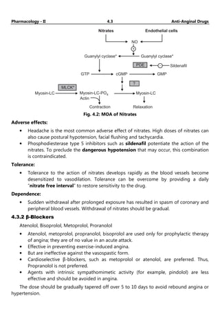 Pharmacology - II 4.3 Anti-Anginal Drugs
Nitrates Endothelial cells
Guanylyl cyclase* Guanylyl cyclase*
NO
+
-
GTP cGMP GMP
PDE
?
MLCK*
Myosin-LC Myosin-LC-PO4 Myosin-LC
Actin
Contraction Relaxation
Sildenafil
Fig. 4.2: MOA of Nitrates
Adverse effects:
• Headache is the most common adverse effect of nitrates. High doses of nitrates can
also cause postural hypotension, facial flushing and tachycardia.
• Phosphodiesterase type 5 inhibitors such as sildenafil potentiate the action of the
nitrates. To preclude the dangerous hypotension that may occur, this combination
is contraindicated.
Tolerance:
• Tolerance to the action of nitrates develops rapidly as the blood vessels become
desensitized to vasodilation. Tolerance can be overcome by providing a daily
“nitrate free interval” to restore sensitivity to the drug.
Dependence:
• Sudden withdrawal after prolonged exposure has resulted in spasm of coronary and
peripheral blood vessels. Withdrawal of nitrates should be gradual.
4.3.2 β-Blockers
Atenolol, Bisoprolol, Metoprolol, Proranolol
• Atenolol, metoprolol, propranolol, bisoprolol are used only for prophylactic therapy
of angina; they are of no value in an acute attack.
• Effective in preventing exercise-induced angina.
• But are ineffective against the vasospastic form.
• Cardioselective β-blockers, such as metoprolol or atenolol, are preferred. Thus,
Propranolol is not preferred.
• Agents with intrinsic sympathomimetic activity (for example, pindolol) are less
effective and should be avoided in angina.
The dose should be gradually tapered off over 5 to 10 days to avoid rebound angina or
hypertension.
 