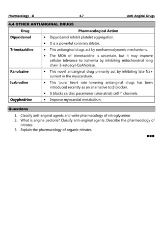 Pharmacology - II 4.7 Anti-Anginal Drugs
4.4 OTHER ANTIANGINAL DRUGS
Drug Pharmacological Action
Dipyridamol • Dipyridamol inhibit platelet aggregation.
• It is a powerful coronary dilator.
Trimetazidine • This antianginal drugs act by nonhaemodynamic mechanisms.
• The MOA of trimetazidine is uncertain, but it may improve
cellular tolerance to ischemia by inhibiting mitochondrial long
chain 3-ketoacyl-CoAhiolase.
Ranolazine • This novel antianginal drug primarily act by inhibiting late Na+
current in the myocardium.
Ivabradine • This ‘pura’ heart rate lowering antianginal drugs has been
introduced recently as an alternative to β blocker.
• It blocks cardiac pacemaker (sino-atrial) cell ‘f’ channels.
Oxyphedrine • Improve myocardial metabolism.
Questions
1. Classify anti-anginal agents and write pharmacology of nitroglycerine.
2. What is angina pectoris? Classify anti-anginal agents. Describe the pharmacology of
nitrates.
3. Explain the pharmacology of organic nitrates.
https://youtube.com/@Pharmamasti
 