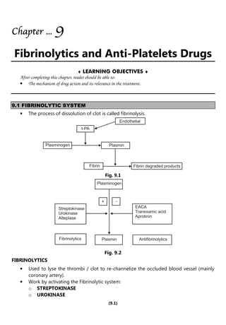 (9.1)
Chapter
Chapter
Chapter
Chapter ...
...
...
... 9
9
9
9
Fibrinolytics and Anti-Platelets Drugs
♦ LEARNING OBJECTIVES ♦
After completing this chapter, reader should be able to:
• The mechanism of drug action and its relevance in the treatment.
9.1 FIBRINOLYTIC SYSTEM
• The process of dissolution of clot is called fibrinolysis.
Plasminogen
t-PA
Plasmin
Fibrin Fibrin degraded products
Endothelial
Fig. 9.1
Plasminogen
EACA
Tranexamic acid
Aprotinin
Streptokinase
Urokinase
Alteplase
Fibrinolytics Plasmin Antifibrinolytics
+ -
Fig. 9.2
FIBRINOLYTICS
• Used to lyse the thrombi / clot to re-channelize the occluded blood vessel (mainly
coronary artery).
• Work by activating the Fibrinolytic system:
o STREPTOKINASE
o UROKINASE
 
