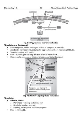 Pharmacology - II 9.6 Fibrinolytics and Anti-Platelets Drugs
Platelet Adenylate
cyclase
A receptor
2
ATP
cAMP
Adenosine Reuptake
X
Dipyridamole
AMP
Phosphodiesterase
Ca
2+
Activation and aggregation
inhibited
X
Fig. 9.7: Dipyridamole mechanism of action
Ticlodipine and Clopidogrel:
• ADP antagonists, inhibit binding of ADP to its receptors irreversibly.
• Also Inhibit fibrinogen induced platelet aggregation without modifying GPIIb/IIIa.
• Synergistic action with aspirin.
• Both are prodrugs have long duration of antiplatelet effect.
• Clopidogrel a congener of ticlodipine is safer and better tolerated.
ADP
Ca
2+
+
+
Active
GP IIb/IIIa
receptors
Damaged endothelial cells
Ticlopidine and dopidogrel
inhibit mADP-mediated platelet
aggregation.
Ticlopidine
clopidogrel
Fig. 9.8: MoA of Clopidogrel and Ticlopidine
Ticlodipine:
• Adverse effects:
o Diarrrhoea, vomiting, abdominal pain
o Headache, tinnitus, skin rash
o Bleeding, neutropenia, thrombocytopenia
• Dose = 250 mg BD.
 