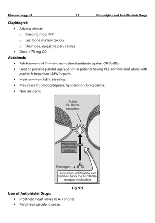 Pharmacology - II 9.7 Fibrinolytics and Anti-Platelets Drugs
Clopidogrel:
• Adverse effects:
o Bleeding most IMP
o Less bone marrow toxicity
o Diarrhoea, epigastric pain, rashes
• Dose = 75 mg OD.
Abciximab:
• Fab fragment of Chimeric monoclonal antibody against GP-IIb/IIIa.
• Used to prevent platelet aggregation in patients having PCI, administered along with
aspirin & heparin or LMW heparin.
• Most common A/E is bleeding.
• May cause thrombocytopenia, hypotension, bradycardia.
• Non antigenic.
Abciximab
eptifibatide
tirofibon
Fibrinogen
Active
GP IIb/IIIa
receptors
Abciximab, eptifibatide and
tirofiban block the GP IIb/IIIa
receptor of platelets
Fig. 9.9
Uses of Antiplatelet Drugs:
• Prosthetic heart valves & A-V shunts
• Peripheral vascular disease
 