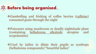 Before being organised..
Gambolling and frisking of coffee berries (caffeine)
consumed goats through the night
Poisoners using mushroom or deadly nightshade plant
(containing belladonna alkaloids atropine and
scopolamine)
Used by ladies to dilate their pupils as eyedrops
(belladonna compounds) “beautiful ladies”
 