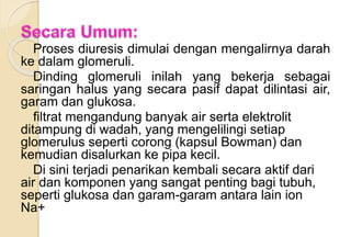 Proses diuresis dimulai dengan mengalirnya darah
ke dalam glomeruli.
Dinding glomeruli inilah yang bekerja sebagai
saringan halus yang secara pasif dapat dilintasi air,
garam dan glukosa.
filtrat mengandung banyak air serta elektrolit
ditampung di wadah, yang mengelilingi setiap
glomerulus seperti corong (kapsul Bowman) dan
kemudian disalurkan ke pipa kecil.
Di sini terjadi penarikan kembali secara aktif dari
air dan komponen yang sangat penting bagi tubuh,
seperti glukosa dan garam-garam antara lain ion
Na+
 