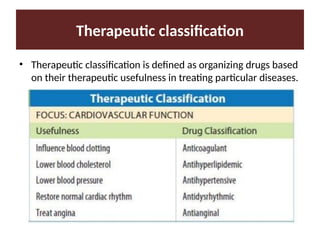 Therapeutic classification
• Therapeutic classification is defined as organizing drugs based
on their therapeutic usefulness in treating particular diseases.
 