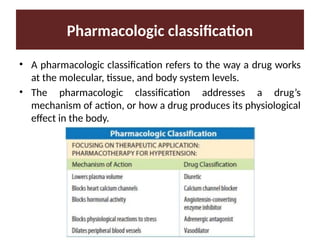 Pharmacologic classification
• A pharmacologic classification refers to the way a drug works
at the molecular, tissue, and body system levels.
• The pharmacologic classification addresses a drug’s
mechanism of action, or how a drug produces its physiological
effect in the body.
 