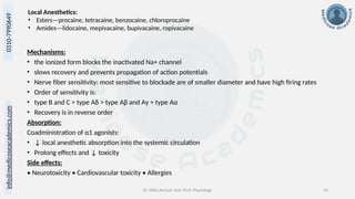 info@medicoseacademics.com
0310-7990649
Dr. Sidra Arshad, Asst. Prof. Physiology 10
Mechanisms:
• the ionized form blocks the inactivated Na+ channel
• slows recovery and prevents propagation of action potentials
• Nerve fiber sensitivity: most sensitive to blockade are of smaller diameter and have high firing rates
• Order of sensitivity is:
• type B and C > type Aδ > type Aβ and Aγ > type Aα
• Recovery is in reverse order
Absorption:
Coadministration of α1 agonists:
• ↓ local anesthetic absorption into the systemic circulation
• Prolong effects and ↓ toxicity
Side effects:
• Neurotoxicity • Cardiovascular toxicity • Allergies
Local Anesthetics:
• Esters—procaine, tetracaine, benzocaine, chloroprocaine
• Amides—lidocaine, mepivacaine, bupivacaine, ropivacaine
 