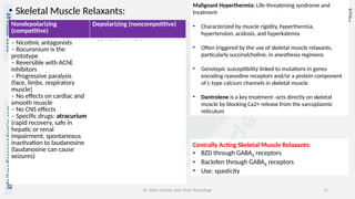 info@medicoseacademics.com
0310-7990649
Dr. Sidra Arshad, Asst. Prof. Physiology 11
• Skeletal Muscle Relaxants:
Malignant Hyperthermia: Life-threatening syndrome and
treatment
• Characterized by muscle rigidity, hyperthermia,
hypertension, acidosis, and hyperkalemia
• Often triggered by the use of skeletal muscle relaxants,
particularly succinylcholine, in anesthesia regimens
• Genotypic susceptibility linked to mutations in genes
encoding ryanodine receptors and/or a protein component
of L-type calcium channels in skeletal muscle
• Dantrolene is a key treatment -acts directly on skeletal
muscle by blocking Ca2+ release from the sarcoplasmic
reticulum
Nondepolarizing
(competitive)
Depolarizing (noncompetitive)
– Nicotinic antagonists
– Rocuronium is the
prototype
– Reversible with AChE
inhibitors
– Progressive paralysis
(face, limbs, respiratory
muscle)
– No effects on cardiac and
smooth muscle
– No CNS effects
– Specific drugs: atracurium
(rapid recovery, safe in
hepatic or renal
impairment, spontaneous
inactivation to laudanosine
(laudanosine can cause
seizures)
– Nicotinic agonist
– Specific drug: succinylcholine
– Two phases: phase I is
depolarization, fasciculation,
prolong depolarization, flaccid
paralysis; phase II
is desensitization
– AChE inhibitors ↑ phase I; may
reverse phase II
– Rapidly hydrolyzed by
pseudocholinesterase: short
duration
– Complications: hypercalcemia,
hyperkalemia; malignant
hyperthermia
Centrally Acting Skeletal Muscle Relaxants:
• BZD through GABAA receptors
• Baclofen through GABAB receptors
• Use: spasticity
 