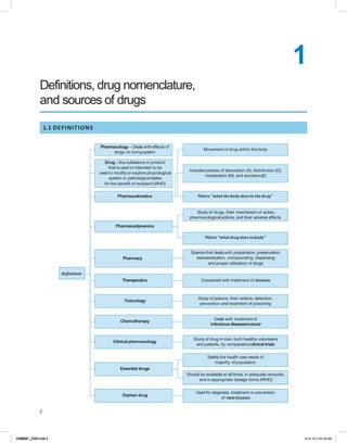 2
1
Definitions, drug nomenclature,
and sources of drugs
1.1 DEFINITIONS
Definitions
Pharmacology – Deals witheffects of
drugs on livingsystem
Drug – Any substance or product
that is used or intended to be
used to modify or explore physiological
system or pathologicalstates
for the benefit of recipient (WHO)
Pharmacokinetics
Movement of drug within the body
Includes process of absorption (A), distribution (D),
metabolism (M), and excretion(E)
Means “what the body does to the drug”
Pharmacodynamics
Study of drugs, their mechanism of action,
pharmacological actions, and their adverse effects
Means “what drug does to body”
Pharmacy
Science that deals with preparation, preservation,
standardization, compounding, dispensing
and proper utilization of drugs
Therapeutics Concerned with treatment of diseases
Toxicology
Study of poisons, their actions, detection,
prevention and treatment of poisoning
Chemotherapy
Deals with treatment of
infectiousdiseases/cancer
Clinical pharmacology
Study of drug in man, both healthy volunteers
and patients, by comparative clinical trials
Essential drugs
Satisfy the health care needs of
majority ofpopulation
Should be available at all times, in adequate amounts,
and in appropriate dosage forms (WHO)
Orphan drug
Used for diagnosis, treatment or prevention
of rarediseases
K395281_C001.indd 2 10-9-19 7:45:39 AMK395281_C002.indd 1
 