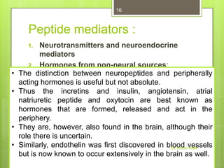 16

Peptide mediators :
Neurotransmitters and neuroendocrine
mediators
2. Hormones from non-neural sources:
The a) Plasma-derived peptides, notably angiotensin peripherally
distinction between neuropeptides and and
bradykinin,
acting hormones is useful but not absolute.
substances such and insulin, angiotensin, atrial
Thus b) the incretins as insulin, endothelin, atrial
natriuretic peptide and leptin
natriuretic peptide and oxytocin are best known as
3. Growth factors: produced by many different
hormones that are formed, released and act in the
cells
periphery. and tissues that control cell growth and
differentiation
They are, however, also found in the brain, although their
role there is uncertain. immune system (cytokines
4. Mediators of the
Similarly, endothelin was first discovered in blood vessels
and chemokines)
Dr. Rohan Kolla
but is now known to occur extensively in the brain as well.
1.

•
•

•
•

 