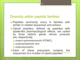 31

Diversity within peptide families
 Peptides

commonly occur in families with
similar or related sequences and actions.
 Opioid peptides, defined as peptides with
opiate-like pharmacological effects, are coded
by three distinct genes whose products
are, respectively,




prepro-opiomelanocortin (POMC),
preproenkephalin and
preprodynorphin.

 Each

of these precursors contains the
Dr.
sequences of a number of opioid peptides Rohan Kolla

 
